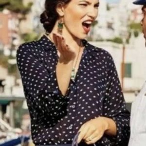 Cabi Martini Button-Up Blue Green Print 3/4 Sleeves Oversized Top/Blouse M